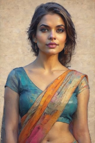 a 20 year super model instagram girl. wear saree, colorful art by Jeremy Mann and Carne Griffith,on parchment,digital painting,street sketch background,Sexy Saree