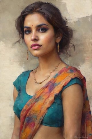 a 20 year super model instagram girl. wear saree, colorful art by Jeremy Mann and Carne Griffith,on parchment,digital painting,clevage,Sexy Saree