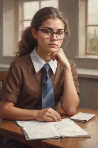 A warm-toned photograph captures the tender moment of a 16-year-old girl sitting at her school table, clad in a crisp uniform with a tie adding a touch of elegance to her outfit. Her long brown hair is tied back in a ponytail, showcasing her big hazel eyes that sparkle with curiosity behind her glasses. The soft focus and gentle lighting create a sense of intimacy as she gazes down, her cheeks flushing ever so slightly from embarrassment or shyness. Her hands rest delicately on the table, her fingers intertwined as if collecting her thoughts. The background is blurred, drawing attention to the subject's quiet contemplation, reflecting her inner world of vulnerability and longing.