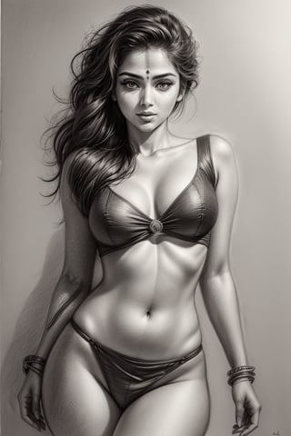 Beautiful indian girl, charcoal sketch,  anatomy , pencil_(artwork), pencil_art, pencil_art, rough_sketch, curvaceous, housemate,wearing a k0715ar33