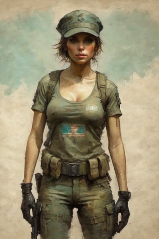 a commando girl. wear commando clothes. cap. colorful art by Jeremy Mann and Carne Griffith,on parchment,digital painting.