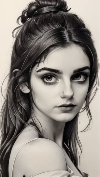 Beautiful Instagram model girl, charcoal sketch,  anatomy, pencil_(artwork), pencil_art, pencil_art, rough_sketch, Pencil draw of a very beautiful indian model girl on paper, collarbone, clevage, beauty,monochrome,LinkGirl