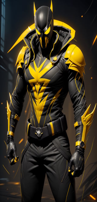 A speedster hero, with an imposing presence and athletic figure, stands in a ready-to-run stance. His suit is a vibrant mix of yellow and black, designed not only for speed but also protection and style. This hero, known as "Black Lightning", embodies the essence of speed and justice.
Mask: A tight-fitting mask covers your face, exposing only your eyes, nose, and mouth. The mask is black with yellow details around the eyes, forming a streamlined design that accentuates his penetrating and determined gaze.

Emblem: In the center of his chest, a stylized yellow lightning bolt emblem stands out against the black background of the suit. This emblem is the symbol of his heroic identity and his ability to move at superhuman speeds.

Upper: The upper part of the suit is primarily yellow with black details on the shoulders, arms and sides, providing a dynamic contrast that reflects his energy and speed. The suit's material is light but strong, designed to withstand the friction and heat generated by its rapid mobility.

Gloves: His gloves are black with yellow details on the fingers and wrists, providing a firm grip and protecting his hands during his missions.

Belt: A black belt cinched around your waist, with small compartments to hold useful devices and communication tools.

Bottom: The pants of the suit are black with yellow details on the sides, continuing the streamlined design and ensuring flexibility and comfort. The boots, also black with yellow lightning bolts, are designed for maximum traction and durability, with reinforced soles to absorb the impact of your fast runs.