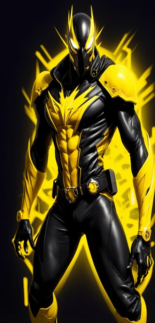 A speedster hero, with an imposing presence and athletic figure, stands in a ready-to-run stance. His suit is a vibrant mix of yellow and black, designed not only for speed but also protection and style. This hero, known as "Black Lightning", embodies the essence of speed and justice.
Mask: A tight-fitting mask covers your face, exposing only your eyes, nose, and mouth. The mask is black with yellow details around the eyes, forming a streamlined design that accentuates his penetrating and determined gaze.

Emblem: In the center of his chest, a stylized yellow lightning bolt emblem stands out against the black background of the suit. This emblem is the symbol of his heroic identity and his ability to move at superhuman speeds.

Upper: The upper part of the suit is primarily yellow with black details on the shoulders, arms and sides, providing a dynamic contrast that reflects his energy and speed. The suit's material is light but strong, designed to withstand the friction and heat generated by its rapid mobility.

Gloves: His gloves are black with yellow details on the fingers and wrists, providing a firm grip and protecting his hands during his missions.

Belt: A black belt cinched around your waist, with small compartments to hold useful devices and communication tools.

Bottom: The pants of the suit are black with yellow details on the sides, continuing the streamlined design and ensuring flexibility and comfort. The boots, also black with yellow lightning bolts, are designed for maximum traction and durability, with reinforced soles to absorb the impact of your fast runs.
In full motion, Black Lightning is a blurry figure to the human eye. The energy of their movements is perceived as flashes of yellow light and black shadows that mark their path. His speed is amazing, capable of overcoming any obstacle in the blink of an eye. The speed lines that follow him highlight his ability to move through time and space with unmatched precision.