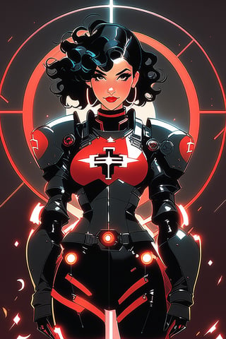 (by Loish, Leyendecker, james gilleard), A full body shot of a young goth woman, short black curly hair, slightly smiling, one raised eyebrow, lips parted, amused smile, wearing a black metal cyborg suit glowing red, Medium breast, toned,red lips, dark eye makeup, dark future battlefield background, ,heavy_jacket,Fire Angel Mecha,Cinematic , ct-eujiiin,heavy_jacket,Fire Angel Mecha, ct-goeuun