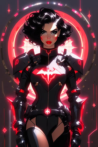 (by Loish, Leyendecker, james gilleard), A full body shot of a young goth woman, short black curly hair, slightly smiling, one raised eyebrow, lips parted, amused smile, wearing a black metal cyborg suit glowing red, Medium breast, toned,red lips, dark eye makeup, dark future battlefield background, ,heavy_jacket,Fire Angel Mecha,Cinematic , ct-eujiiin,heavy_jacket,Fire Angel Mecha, ct-goeuun, ct-nijireal