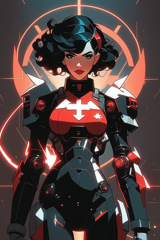 score_9, score_8_up, score_7_up, masterpiece, best quality, BREAK,full body view,(by Loish, Leyendecker, james gilleard), A full body shot of a young goth woman, short black curly hair, slightly smiling, one raised eyebrow, lips parted, amused smile, wearing a black metal cyborg suit glowing red, Medium breast, toned,red lips, dark eye makeup, dark future battlefield background, ,heavy_jacket,Fire Angel Mecha,Cinematic , ct-eujiiin,heavy_jacket,Fire Angel Mecha, ct-goeuun, ct-nijireal