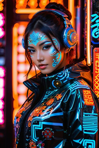 girl, Detailed body painting beautiful neon operator tanned woman, cyberpunk futuristic neon, reflective puffy coat, decorated with traditional japanese ornaments, perfect face, fine details,neon,circuitboard,zavy-cbrpnk,faceplate, circuitboard,zavy-cbrpnk,Fire Angel Mecha,dark futuristic,DonMF1r3XL