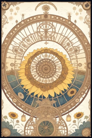 A giant wheel with different creatures and symbols, representing cycles of change and destiny., fractal art (tarot card design), botanical illustration, sunflowers, classic and elegant flourish, Lofi artistic style, vintange, best quality, masterpiece, extremely detailed and intricate details,
