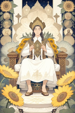 A holy man sitting on his throne, imparting spiritual wisdom and tradition, with two acolytes at his feet, fractal art (tarot card design), botanical illustration, sunflowers, classic and elegant flourish, Lofi art style, vintage, best quality, masterpiece, extremely detailed and intricate details