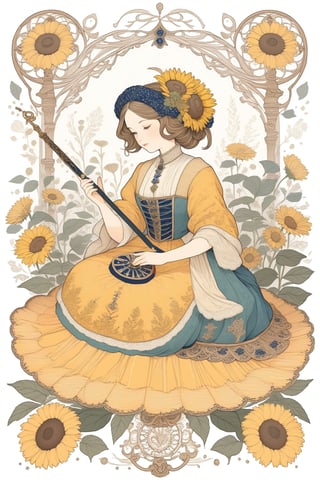 A female figure sitting with a scale in one hand and a sword in the other, symbolizing balance and truth, fractal art (tarot card design), botanical illustration, sunflowers, classic and elegant flourish, Lofi art style, vintage, best quality , masterpiece, extremely detailed and intricate details, fractal art (tarot card design), botanical illustration, sunflowers, classic and elegant flourish, Lofi artistic style, vintage, best quality, masterpiece, extremely detailed and intricate details,