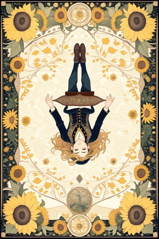A man hanging upside down from a tree, with a calm expression, symbolizing sacrifice and change of perspective, fractal art (tarot card design), botanical illustration, sunflowers, classic and elegant flourish, Lofi artistic style, vintage,  best quality, masterpiece, extremely detailed and intricate details, fractal art (tarot card design), botanical illustration, sunflowers, classic and elegant flourish, Lofi artistic style, vintage, best quality, masterpiece, extremely detailed and intricate details, fractal art (tarot card design), botanical illustration, sunflowers, classic and elegant flourish, Lofi artistic style, vintage,  best quality, masterpiece, extremely detailed and intricate details