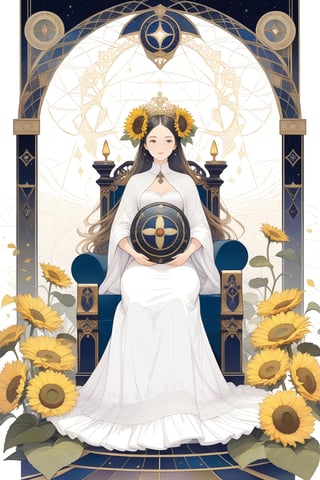 A female figure sitting on a throne surrounded by abundant nature, symbolizing fertility and motherhood, with a shield of Venus at her side, fractal art (tarot card design), botanical illustration, sunflowers, classic and elegant flourish, Lofi artistic style, vintage, best quality, masterpiece, extremely detailed and intricate details,