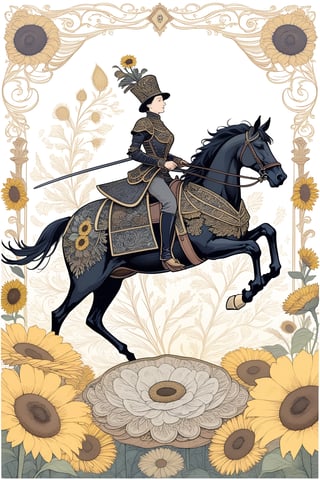 A skeleton in black armor riding a horse, representing transformation and rebirth, fractal art (tarot card design), botanical illustration, sunflowers, classic and elegant flourish, Lofi artistic style, vintage, best quality, masterpiece, extremely detailed and intricate details, fractal art (tarot card design), botanical illustration, sunflowers, classic and elegant flourish, Lofi artistic style, vintage,  best quality, masterpiece, extremely detailed and intricate details,