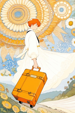 A young man, carefree figure walks towards the edge of a cliff, looking up at the sky. He is carrying a light backpack and is about to take a confident step into the void. In her right hand she holds a white flower while in her left an orange suitcase, fractal art (tarot card design), botanical illustration, sunflowers, classic and elegant flourish, Lofi artistic style, vintage, [(text that says "EL LOCO")], best quality, masterpiece, extremely detailed and intricate details,