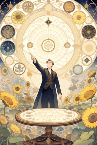 A man with a table in front full of magical objects, an infinity symbol floating above his head, with one hand pointing to the sky and the other towards the earth, fractal art (tarot card design), botanical illustration, sunflowers, classical flourish and elegant, Lofi artistic style, vintage, best quality, masterpiece, extremely detailed and intricate details,