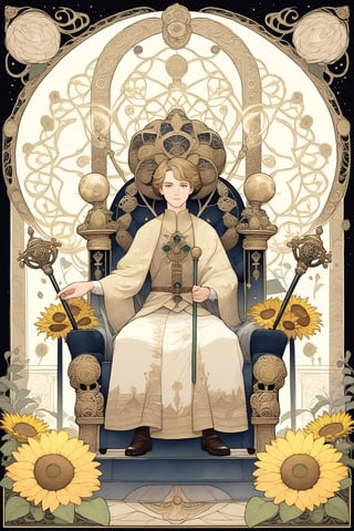A man on a throne adorned with ram heads, holding a scepter and an orb, representing authority and structure., fractal art (tarot card design), botanical illustration, sunflowers, classic and elegant flourish, Lofi artistic style, vintage, best quality, masterpiece, extremely detailed and intricate details,