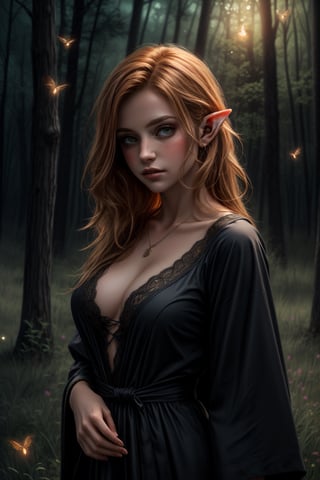 (masterpiece, best quality, highly detailed:1.2), portrait of broken-hearted young hot elf with graceful poise, dark orange long hair,  (looking at viewer),  black night sexy dress, peach, periwinkle, wizard embroidered robes, in foreboding silence haunting meadow, fireflies, sweet perfume, sudden silence, upper body portrait, dark forest background with fireflies, detailed background,midjourney, hd, 8k, dynamic pose