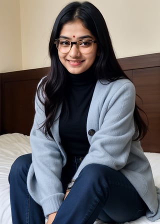 Beautiful Cute Young Attractive Indian Teenage Girl, Village Girle, 18 Years Old, cute, Instagram Model, Long Black_Hair, colourful Hair, Warm, Dancing, Cute Smiling, Sitting on Home Bed , Wearing The woolen Full Sleeves Sky blue Jacket and Black Colour Jeans , wearing The Watch, Indian, wearing The vision glasses, wearing The shoes in feet, 
