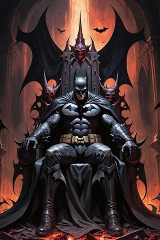 dystopian art, overlord demon batman, villain, evil, wrathful, sitting on a throne