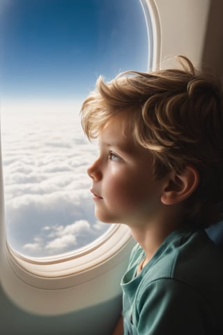 A young boy sits comfortably on a narrow window seat aboard an airplane, gazing out at the vast expanse of fluffy white clouds drifting lazily by. The sunlight streaming through the window casts a warm glow on his eager face, highlighting his bright eyes and tousled hair as he takes in the breathtaking view.