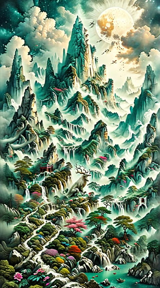 (ultra detailed, ultra highres), (masterpiece, top quality, best quality, official art :1.4), (high quality:1.3), cinematic ink wash painting depicting a paradise in a Xianxia world. The scene features a mist-covered mountaintop blooming with a myriad of flowers, steep cliffs, and cascading waterfalls. A gigantic mythical beast can be seen swirling in the air among the mountains and clouds. The artwork conveys an ethereal, otherworldly beauty, capturing the essence of a hidden, magical realm.,more detail XL,nodf_xl,island,BugCraft