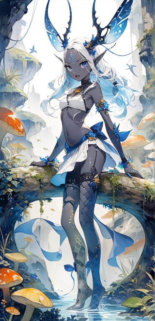(full body) (character with weapon) (black skin), (white hair), long straight hair, blue colored eyes, white color palette, pale hair (barely visible) stripes, Exquisite features, charming and aggressive eyes, pointy teeth, beautiful na'vi, action scene, portrait view, profile view, (She's drawing a bow.) Realistic_eyes, hyper_realistic, extreme details, HDR, 4k quality, perfect quality, perfect image, HD quality, movie scene, Read description, ADD MORE DETAIL, Fairy, style, All limbs are intact. Beautiful waist, Long legs, lean, strong, navel.
