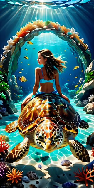 (enormous sea turtle)(beautiful young girl)(Turtle shell with fine details)
Behold a breathtaking aerial view of a picturesque scene. A beautiful young girl leisurely rests with closed eyes on the back of an enormous sea turtle. The girl is on the turtle, and they swim together. The pristine waters offer a glimpse of the vibrant underwater world brimming with tropical fish and coral reefs, creating a romantic and vivid ambiance that enchants the senses.

From the vantage point above, the scene unfolds with a sense of awe-inspiring beauty. The azure waters glisten with crystal clarity, allowing a mesmerizing view of the ocean floor below. Sunlight penetrates the depths, illuminating the diverse marine life and casting a magical glow on the surroundings.
