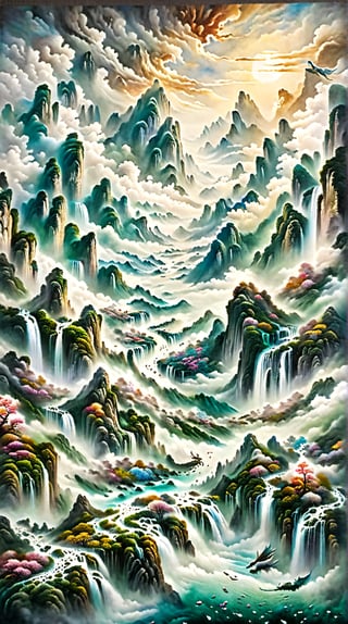 ultra-detailed, ultra high-res, (masterpiece, top quality, best quality, (high quality:1.3), cinematic ink wash painting depicting a paradise in a Xianxia world. The scene features a mist-covered mountaintop blooming with a myriad of flowers, steep cliffs, and cascading waterfalls. (A gigantic mythical beast can be seen swirling in the air among the mountains and clouds.) The artwork conveys an ethereal, otherworldly beauty, capturing the essence of a hidden, magical realm. island.,DonMM1y4XL,Movie Poster,DonMG30T00nXL