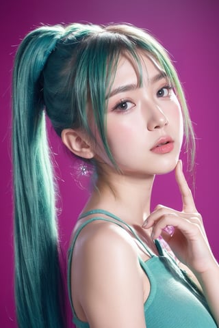 a beautiful detailed portrait of Hatsune Miku, long blue pigtails, big expressive eyes, detailed facial features, cute expression, detailed beautiful skin, intricate outfit, colorful background, vibrant colors, cinematic lighting, elegant, photorealistic, 8k, highest quality