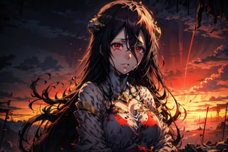 Albedo's anguished face, tears mixing with the blood stains on her dress, as the warm crimson hues of sunset illuminate the desolate battlefield. Her tattered kimono is proof of the great battle, showing her bare chest, in contrast to the turmoil within. The stillness conveys hope and comfort in the midst of destruction, Albedo's desperate expression a poignant counterpoint to the serene backdrop.,aanezuko,(Albedo)