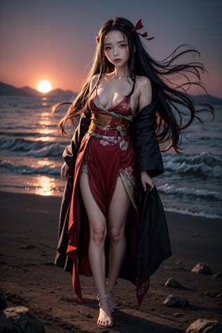 Nezuko's anguished face, tears mixing with the blood stains on her dress, as the warm crimson hues of sunset illuminate the desolate battlefield. Her tattered kimono is proof of the great battle, showing her bare chest, in contrast to the turmoil within. The stillness conveys hope and comfort in the midst of destruction, Nezuko's desperate expression a poignant counterpoint to the serene backdrop.