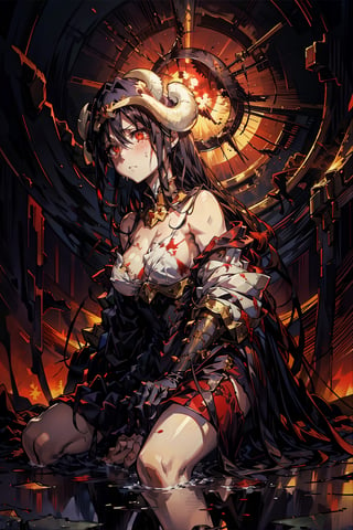Albedo's anguished face, tears mixing with the blood stains on her dress, as the warm crimson hues of sunset illuminate the desolate battlefield. Her tattered kimono is proof of the great battle, showing her bare chest, in contrast to the turmoil within. The stillness conveys hope and comfort in the midst of destruction, Albedo's desperate expression a poignant counterpoint to the serene backdrop.,aanezuko,(Albedo),albedo \(overlord\)