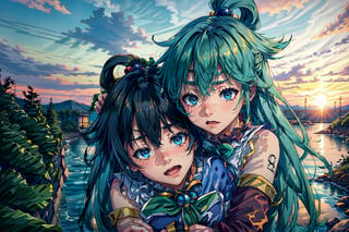 Emotional turmoil envelops the scene as Aqua cradles Kazuma's lifeless form in her arms, tears streaming down her beautiful blue eyes like the waterfall-stained fabric of her torn dress. Bloodied and battered, Kazuma lies still, his gaze conveying a sense of comfort amidst chaos. A warm crimson sunset light casts a soft glow on the aftermath of battle, Aqua's despairing expression juxtaposed with the serene backdrop.,Aqua