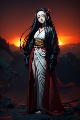 Nezuko's anguished face, tears mixing with the blood stains on her dress, as the warm crimson hues of sunset illuminate the desolate battlefield. Her tattered kimono is proof of the great battle, showing her bare chest, in contrast to the turmoil within. The stillness conveys hope and comfort in the midst of destruction, Nezuko's desperate expression a poignant counterpoint to the serene backdrop.