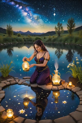 The star card of tarot: a woman figure kneeling next to a pond, pouring water from two jugs, one into the pond and one on the ground, under a starry sky. The scene radiates serenity and hope, symbolizing inspiration, renewal and inner peace. ,visionary art style