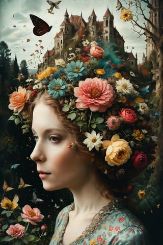 Generate an aesthetically fascinating collage artwork, complex double exposure art by Alex Stoddard, Natalia Drepina and Brooke Shaden, a surreal postcard. Double exposure of woman with colorful garden composition in her head, as a form of thoughts. long_exposure, long_exposure, flower, gbaywing