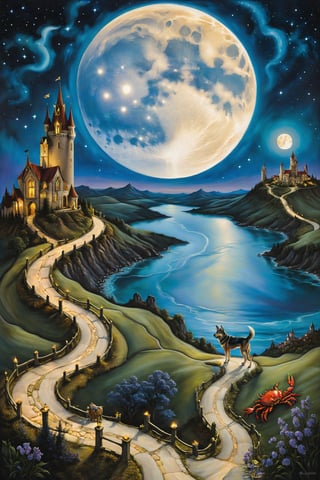 The moon card of tarot: A night landscape with a full moon, two towers and a winding road, with a crab, a dog and a wolfartfrahm,visionary art style