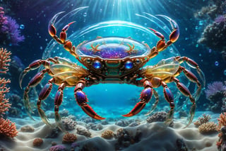 Biomechanical crab made out of glass in magical ocean full of stars and mist, with many coral reefs, iridicent glass gem, (transparent), (intricate detailed), UHD, HDR+, (hyperdetailed:1.2), centered,cyborg style,Movie Still,Leonardo Style
