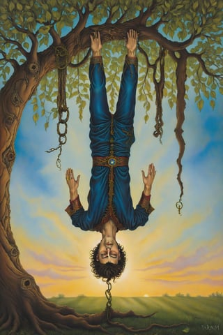 The Hanged Man card of tarot, A man hanging upside down from a tree, with a calm expression, symbolizing sacrifice and change of perspective. artfrahm,visionary art style