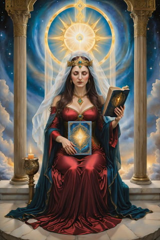 The High Priestess card of tarot, A woman sitting between two columns, with a veil behind her and a holy book in her lap, reflecting wisdom and mystery., artfrahm,visionary art style