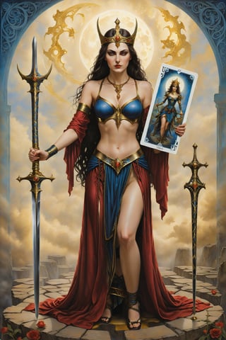 Justice card of tarot: Una figura femenina sentada con una balanza n equilibrio, en una mano y una espada en la otra, simbolizando equilibrio y verdad. artfrahm,visionary art style