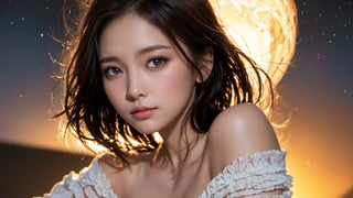 (1girl), sad expression, Amazing face and eyes, delicate, (Best Quality:1.4), (Ultra-detailed), (extremely detailed beautiful face), brown eyes, (highly detailed Beautiful face), (extremely detailed CG unified 8k wallpaper), Highly detailed, High-definition raw color photos, Professional Photography, Realistic portrait, evening, Extremely high resolution, smiling, modern, trendy, fashionable, starry sky, Backlit, (turn around, look back), looking at me, Expressionless, off-shoulder