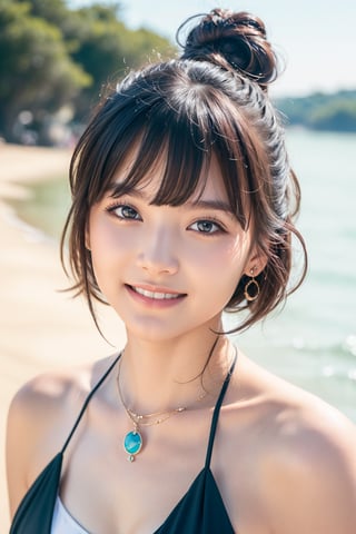 masterpiece, high quality realistic, realistic aesthetic photo, in the night city, by the river, (head to thins portrait), beautiful girl, black medium hair, hair back, necklace, earing, dark-purple one shoulder dress,(3girl), 18yo, (hair tied up:1.3), (air bangs), (cute bikini:1.2), (smiling and feeling happy, the best smile), (young face:1.2), (highly detailed Beautiful face), (Best Quality:1.4), (Ultra-detailed), (extremely detailed CG unified 8k wallpaper), Highly detailed, High-definition raw color photos, Professional Photography, Realistic portrait, Extremely high resolution, (beach), (focus on the face:1.3)