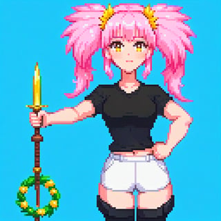 woman, pink hair, spiked weapon, black shirt, white shorts, casual clothes, ((annoying face)), 35-years, athletic body, (((brave))), yellow leaf wreath, good pixel art,pixel art,pixel,16 bit