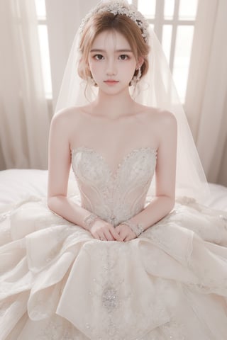 beautiful bride,blonde hair, she is wearing beautiful short wedding dress, heels,accesories,she on bed,,face lighting,Best Quality, 32k, photorealistic, ultra-detailed, finely detailed, high resolution, perfect dynamic composition, beautiful detailed eyes, sharp-focus, cowboy shot,,bridal veil,wedding dress,wedding_dress,