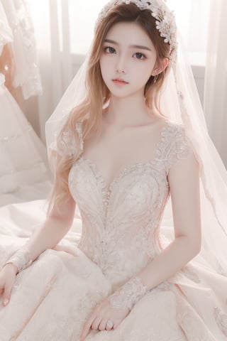 beautiful bride,blonde hair, she is wearing beautiful short wedding dress, heels,accesories,she on bed,,face lighting,Best Quality, 32k, photorealistic, ultra-detailed, finely detailed, high resolution, perfect dynamic composition, beautiful detailed eyes, sharp-focus, cowboy shot,,bridal veil,wedding dress,wedding_dress,