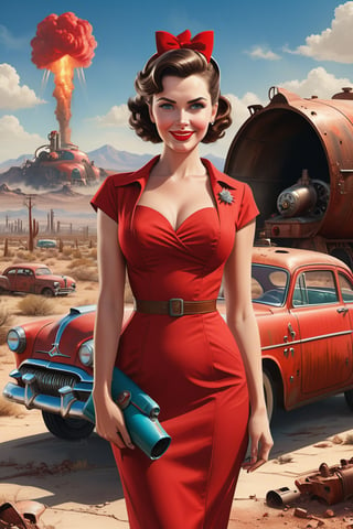 A beautiful woman with blue eyes, has medium length brown hair,(she has an italian cut hairstyle), wearing a 1950s style red dress, she is smiling slightly, illustration, pin up style, fallout desert background with an old very rusty 1950s car and 1 nuclear bomb mushroom cloud detonating in the distance, full body, (((in the style of a fallout 4 poster))),trending on CGSociety and ArtStation