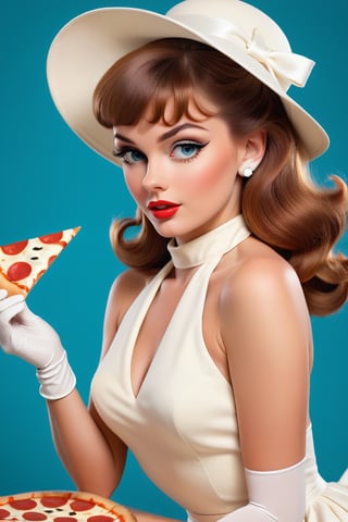 A stunning retro-inspired poster featuring a beautiful pin-up model in a 1960s fashion. She is wearing a classic white halter-neck dress with a full skirt and white gloves, accessorized with a chic pillbox hat. The main focus is her holding a slice of pizza, a playful twist on the typical pin-up look. The colors are vibrant and reminiscent of the 1960s era, with a touch of modern flair in the photograph., photo, fashion, product, poster,DonMM1y4XL,3D