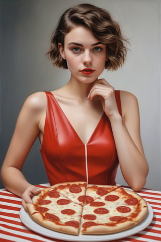 photography of a 20yo woman,short hair,  masterpiece, red_dress with white stripes, with slice of pizza in hand
,photorealistic,analog,realism